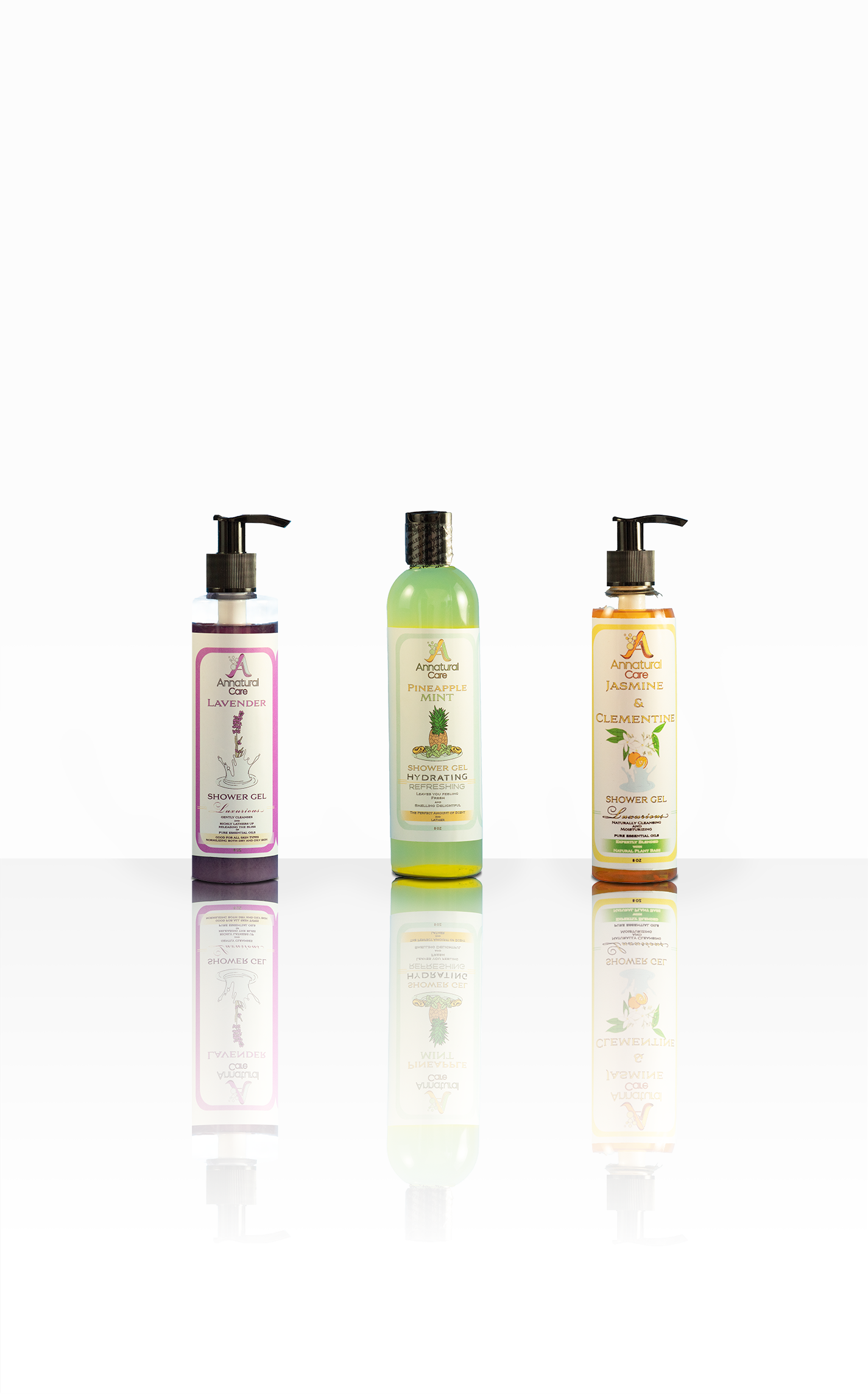 Annatural Care Shower Gel Lineup Reflective Surface Product Photography by Todd Osha